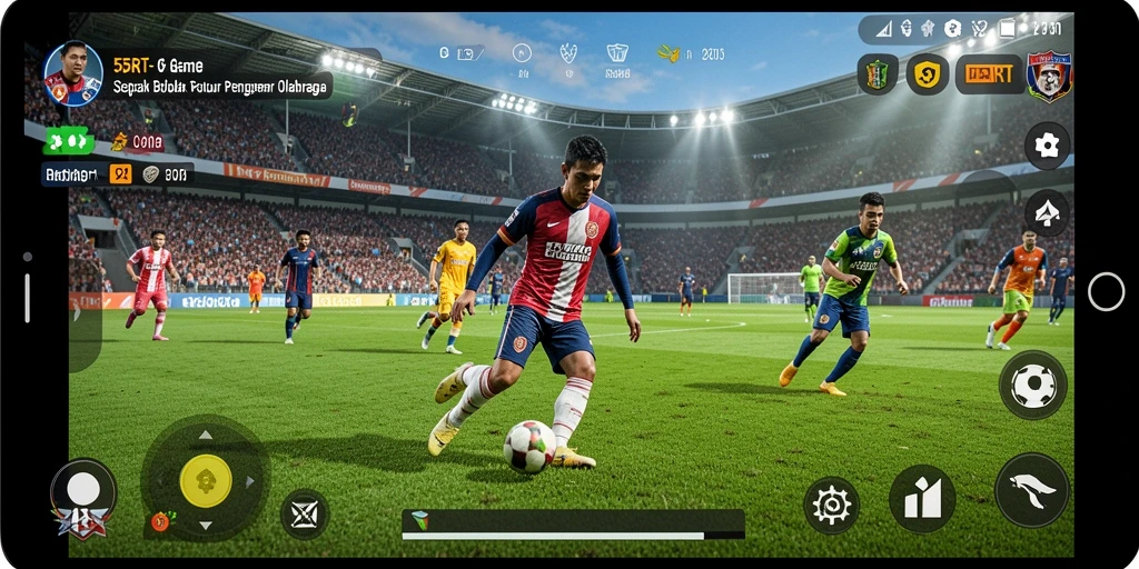 Tampilan gameplay 55RT yang seru dan mendebarkan di lapangan sepak bola.