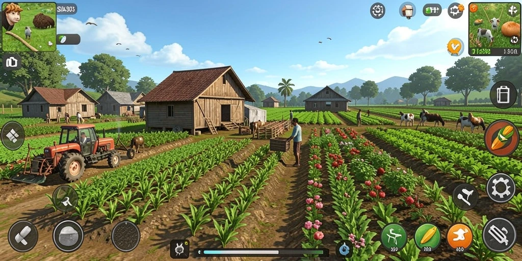 Screenshot gameplay ASIA303 yang menunjukkan kebun pertanian yang indah.