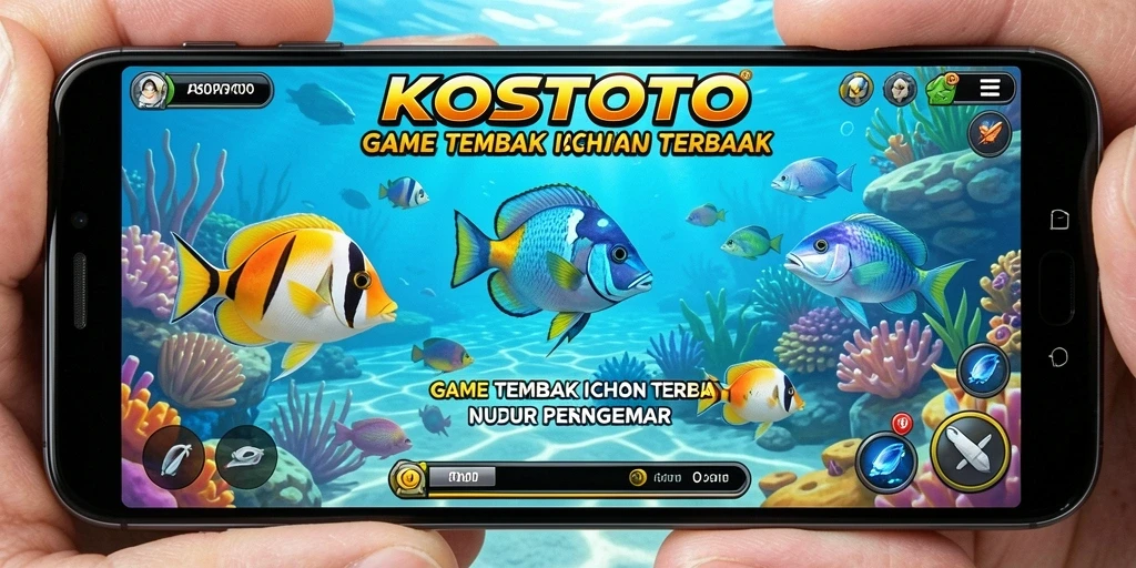 Tampilan gameplay seru KOSTOTO saat menangkap ikan dengan senjata.
