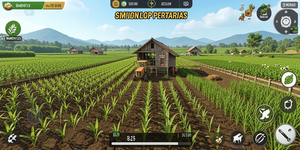 Tampilan gameplay MAMEN123 dengan ladang yang subur dan hewan ternak.