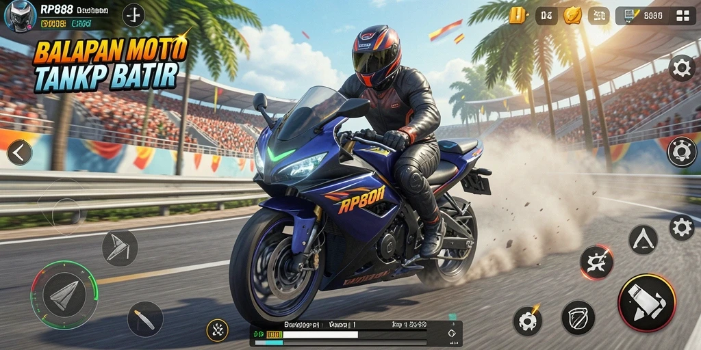 Gameplay seru dalam balapan motor RP888 dengan lintasan yang menantang.