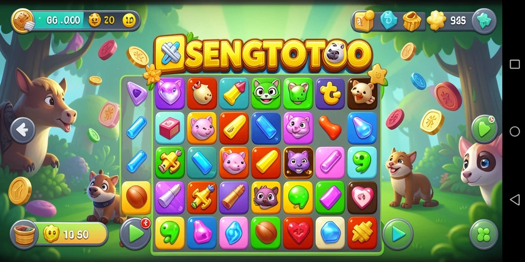 Screenshot SENGTOTO menampilkan gameplay seru Match-3 yang berwarna-warni.