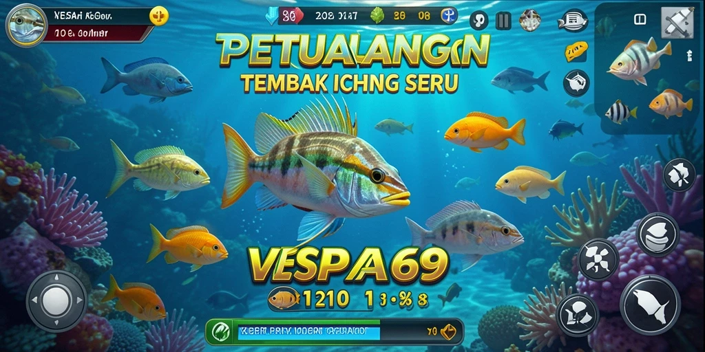 Screenshot VESPA69 menampilkan pemain sedang berburu ikan di lautan.
