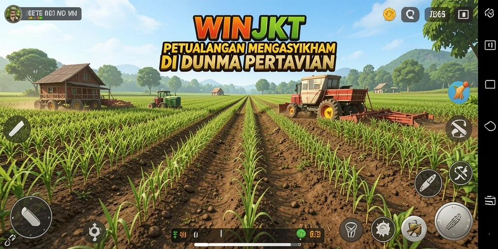 Tangkapan layar gameplay <strong>WINJKT</strong> menunjukkan keindahan ladang yang subur dan aktivitas bertani.